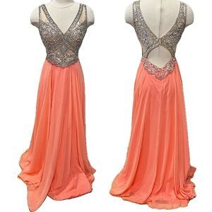 Aspeed Design Coral Chiffon V-Neck Beaded A-Line Dress L1640 Size Small